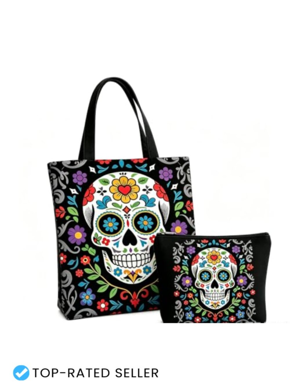 2Pc Canvas Tote & Cosmetic Bag Set Skull Flower Goth Halloween Accessories